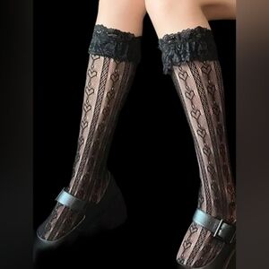Lolita Style Black Color Lace Ruffle Calf High Socks Frilly Sheer Lace Top